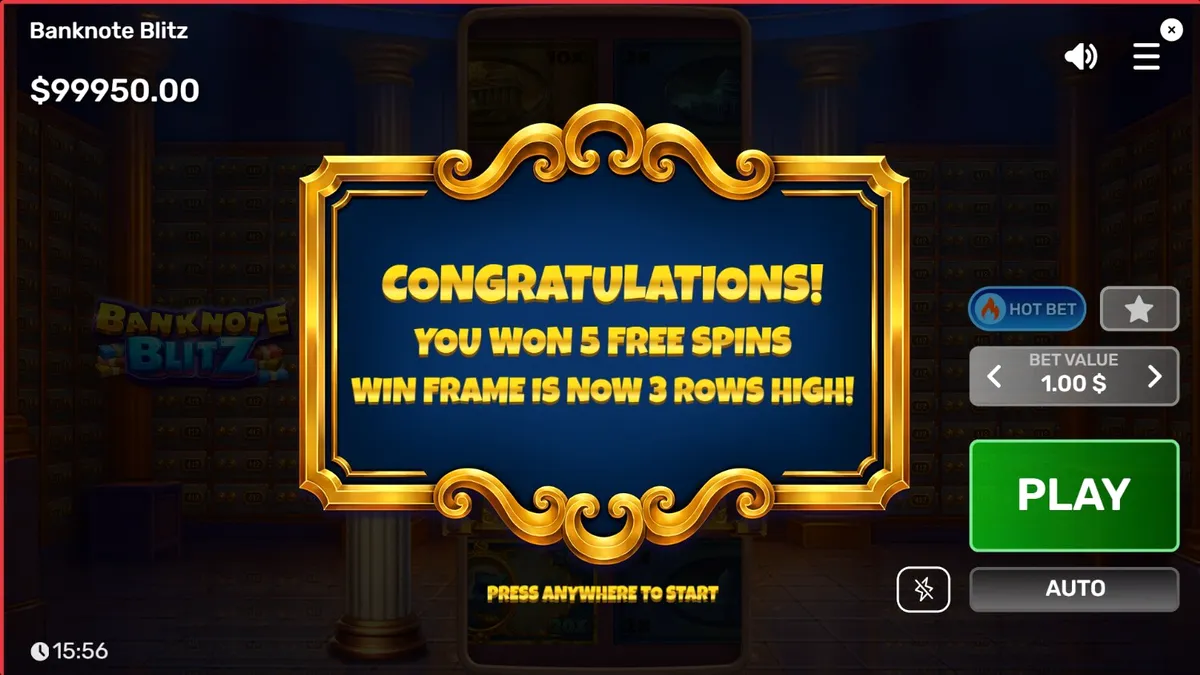 Interface do jogo Banknote Blitz com tema de cofre de luxo