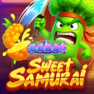 Captura de tela do jogo Sweet Samurai com o personagem Broccoli Samurai e símbolos de frutas em um cenário de dojo.